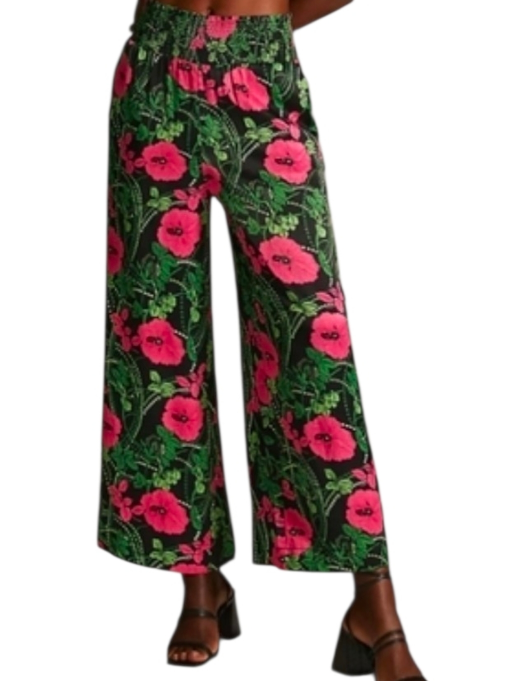 Anthropologie Maeve The Saria Smocked Wide-Leg Floral Pants Kelly Green/Pink S